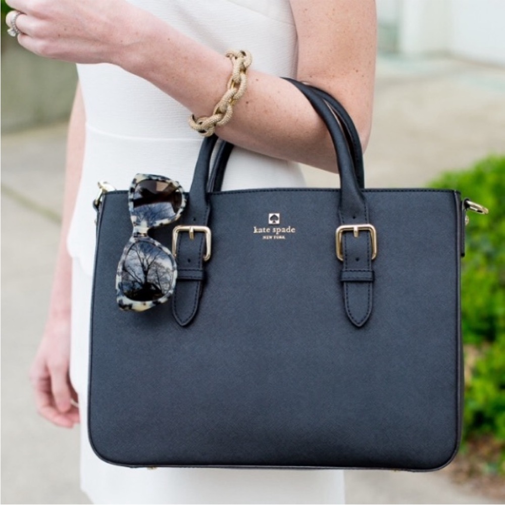 KATE SPADE Black Leather Tote Bag with CROSSBODY Strap, EUC *Rare Goldie* 🎁💝♠️